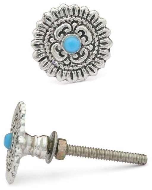 Metal Knobs, Metal Knobs With Turquoise Center, Set of 2