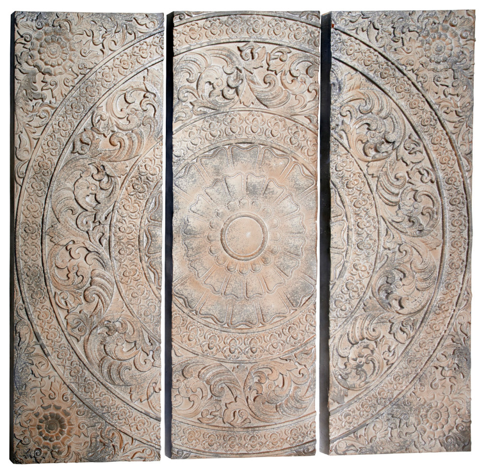 Set of 3 Stone Gray Carved Wood Wall Decor Panels w/ Radial Acanthus