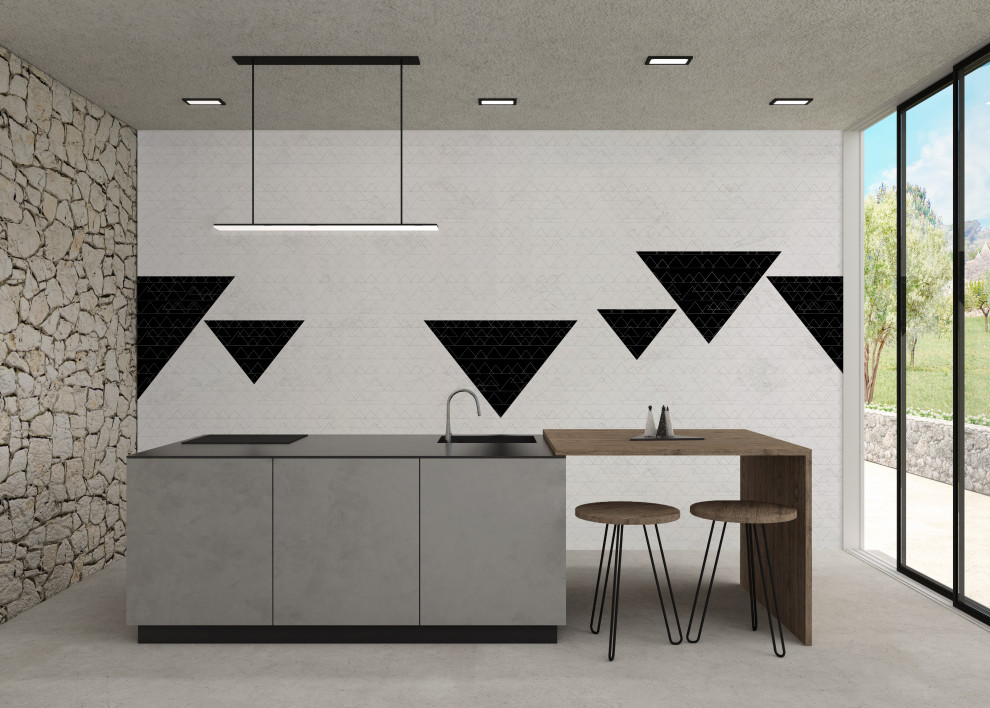 Idéer för avskilda, mellanstora funkis linjära svart kök, med en nedsänkt diskho, luckor med profilerade fronter, grå skåp, marmorbänkskiva, rostfria vitvaror, betonggolv, en köksö och grått golv