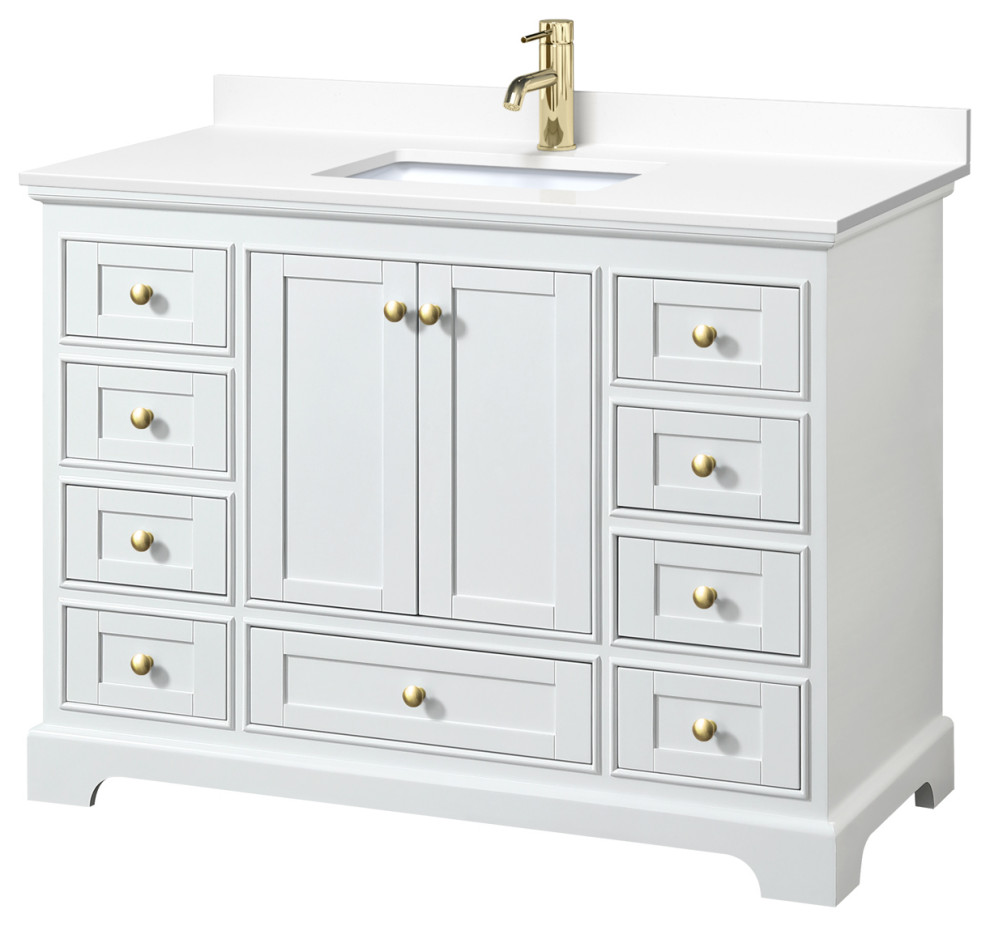 Deborah 48" Single Vanity, White, White Marble Top, Gold Trim, No