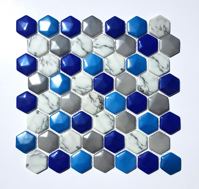 Glass Mosaic Tile Sheet Azuro Hexagon 1.5" Blue, Gray, And Marble, Sample Contemporary Tile