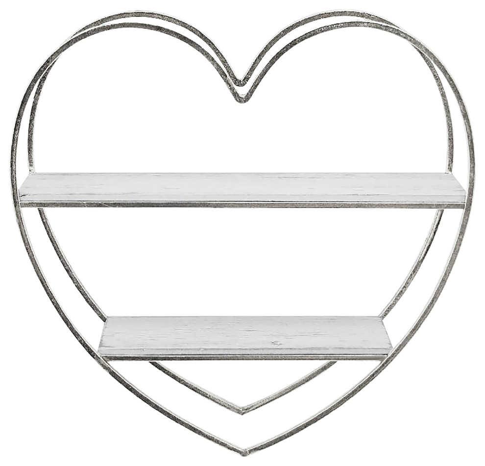 Metal/Wood 2 Tier Heart Wall Shelf, White/Silver Contemporary