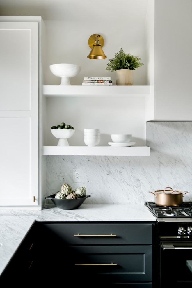 Photo of a transitional l-shaped kitchen in Other with open cabinets, white cabinets, marble benchtops, white splashback, marble splashback, stainless steel appliances and white benchtop.