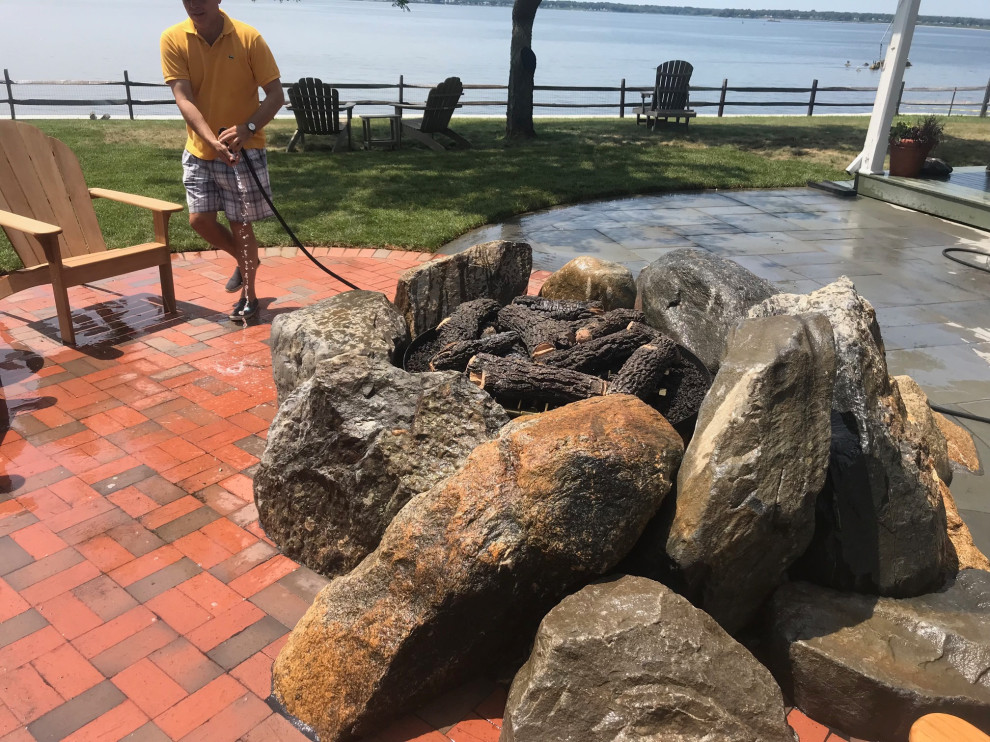Custom Boulder Firepit and Patio