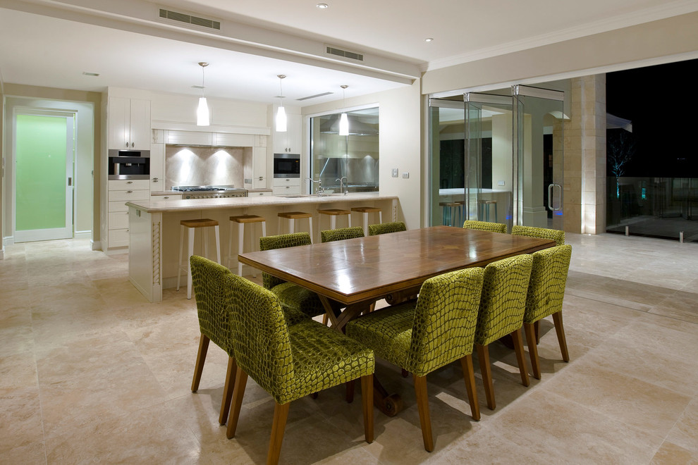 Mid-sized contemporary open plan dining in Perth with beige walls, marble floors and no fireplace.