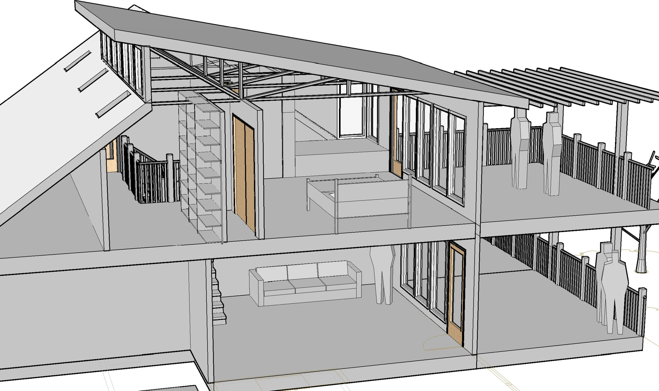 Section View showing lower living/deck and upper master bedroom and deck