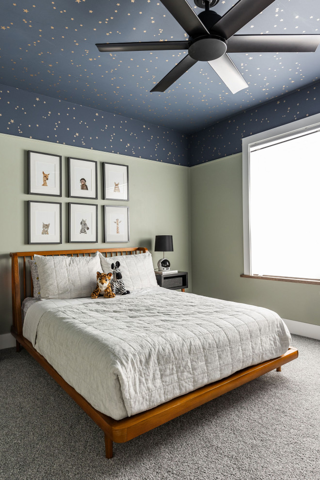 Kids' bedroom - transitional boy carpeted, gray floor, wallpaper ceiling and wallpaper kids' bedroom idea in Chicago with green walls