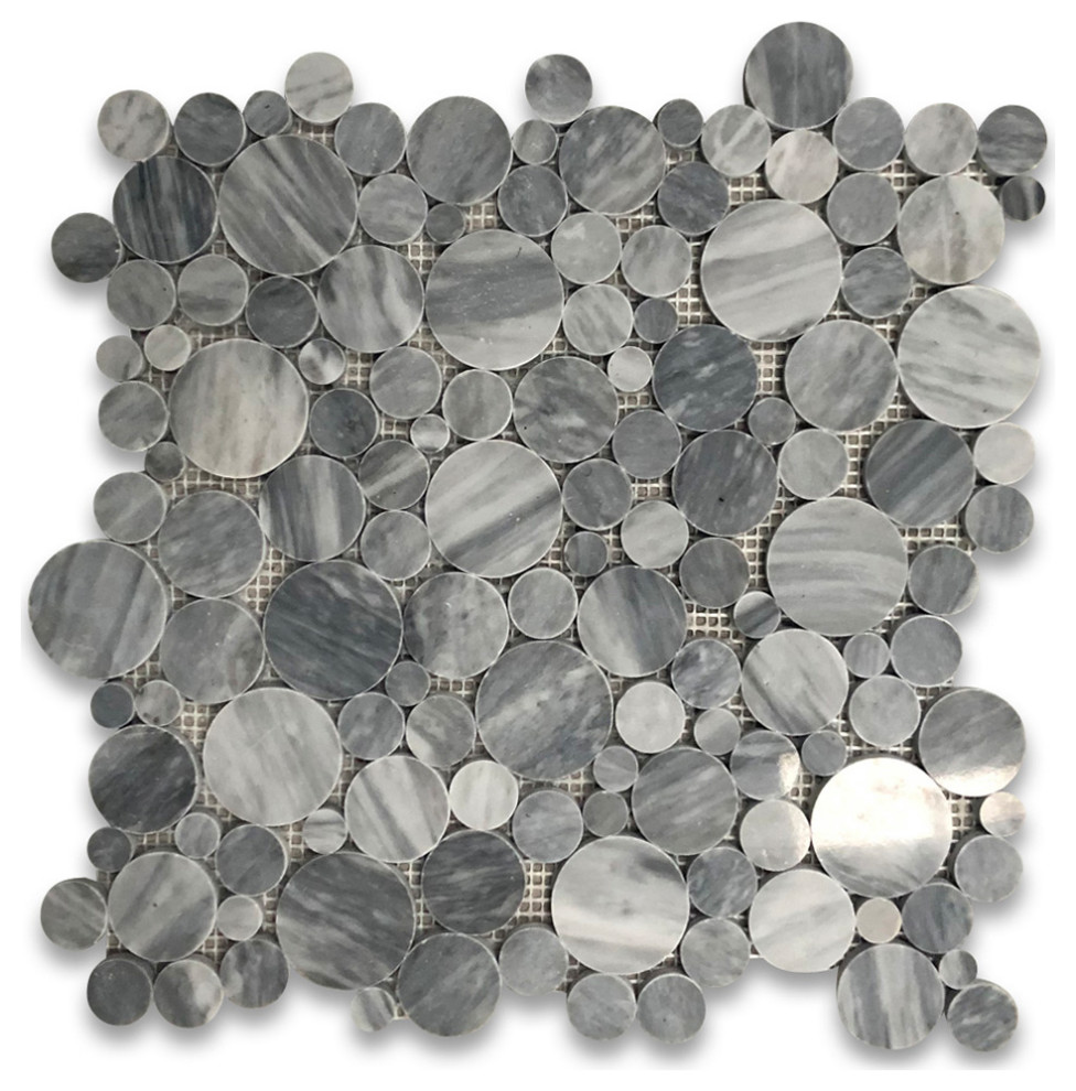 Bubble Round Bardiglio Gray Marble Mosaic Shower Floor Tile Polished, 1 ...