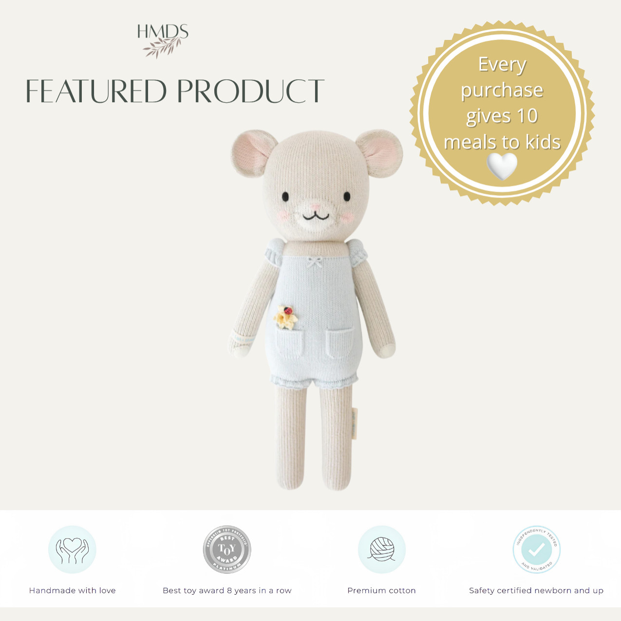 Retailer: cuddle + kind | Beatrice the mouse (periwinkle) 1 doll = 10 meals