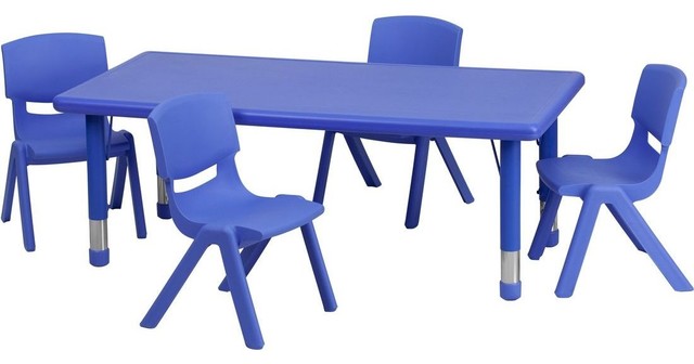 Adjustable Blue Plastic Activity Table Set with 4 School Stack Chairs