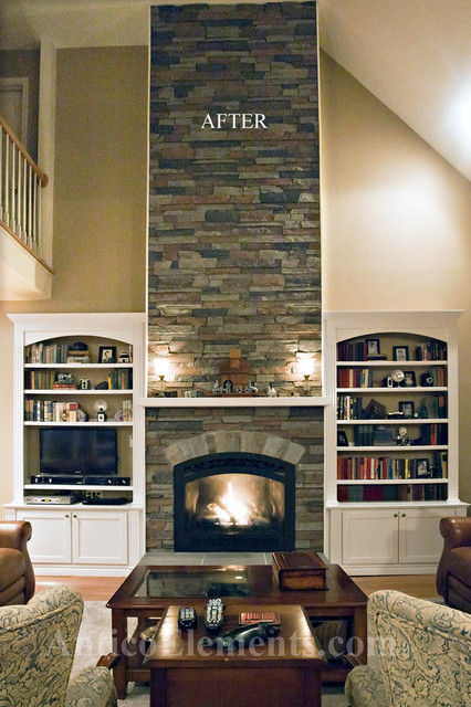 A great example of a family room remodeling featuring a faux stone fireplace. It was created with the customer