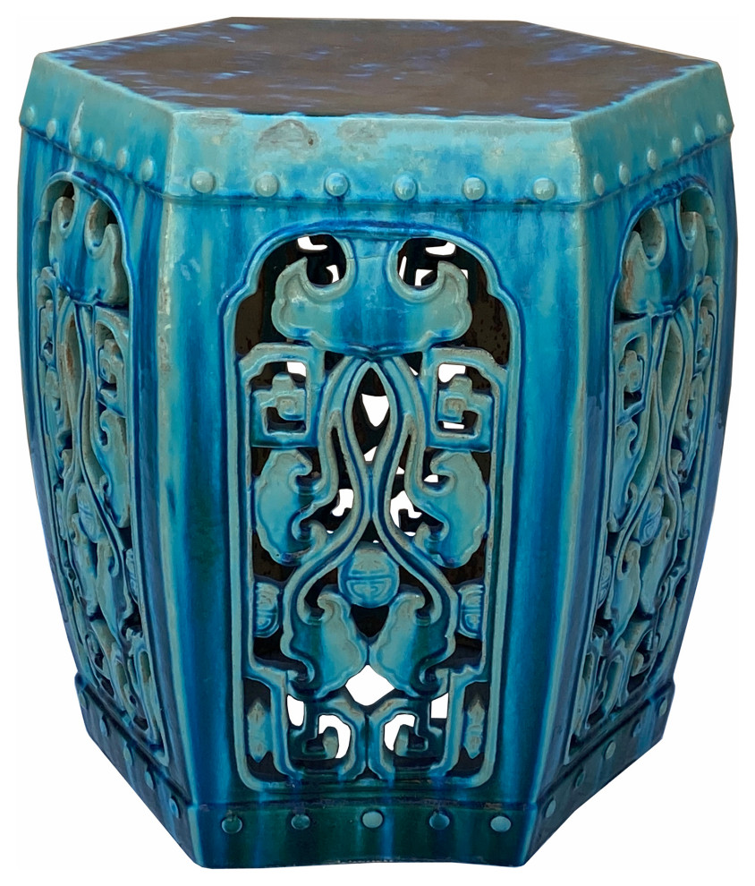 Ceramic Clay Green Turquoise Glaze Hexagon Motif Garden Stool Table Hcs7023