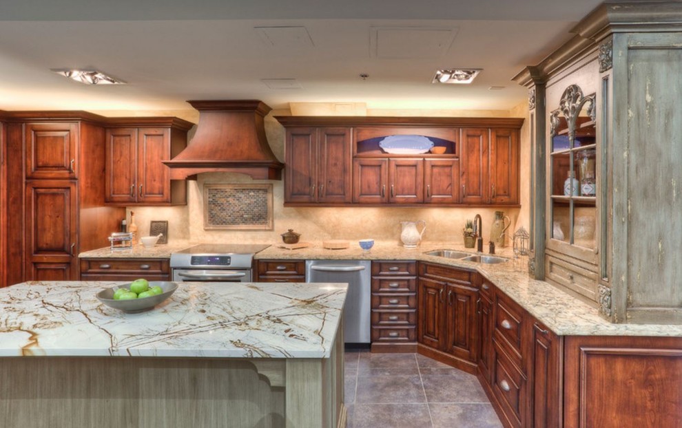 Eat-in kitchen - large rustic u-shaped porcelain tile eat-in kitchen idea in Toronto with an undermount sink, raised-panel cabinets, brown cabinets, quartz countertops, beige backsplash, stainless steel appliances and an island