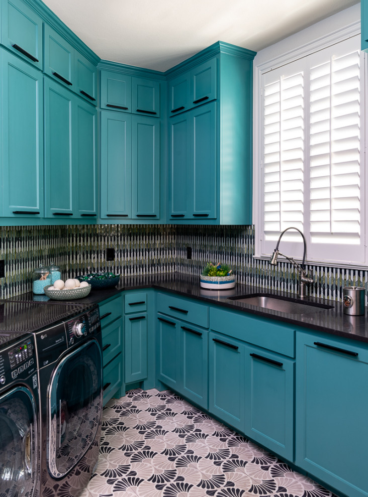 Transitional laundry room photo in Dallas with turquoise cabinets
