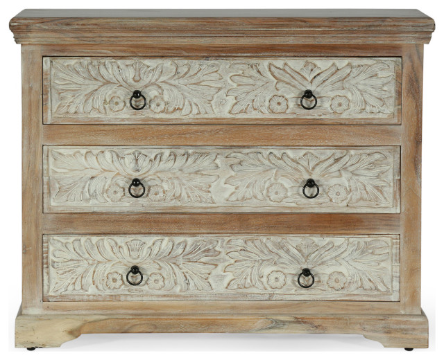 Picardy Boho Handcrafted Acacia Wood 3 Drawer Chest, Natural and White