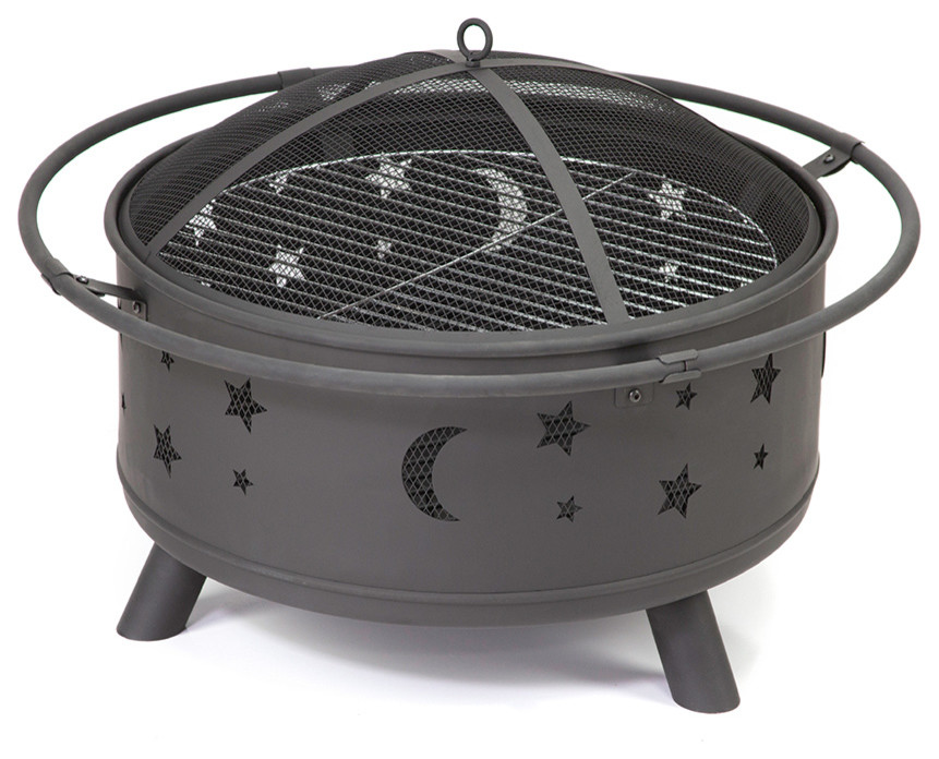 Wood Burning Metal Fire Pits + Spark Screen & Fire Poker, Round Celestial Design