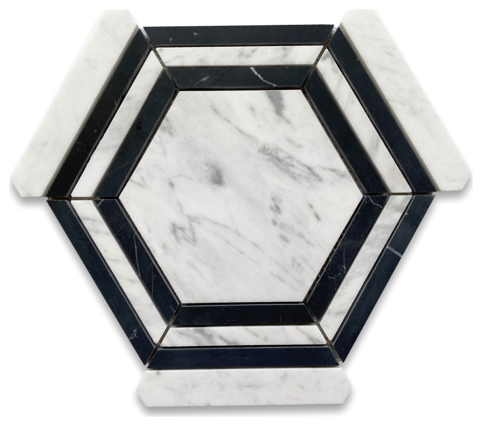 Carrara White Marble Hexagon Nero Strip Geometric Mosaic Tile Honed, 1 ...