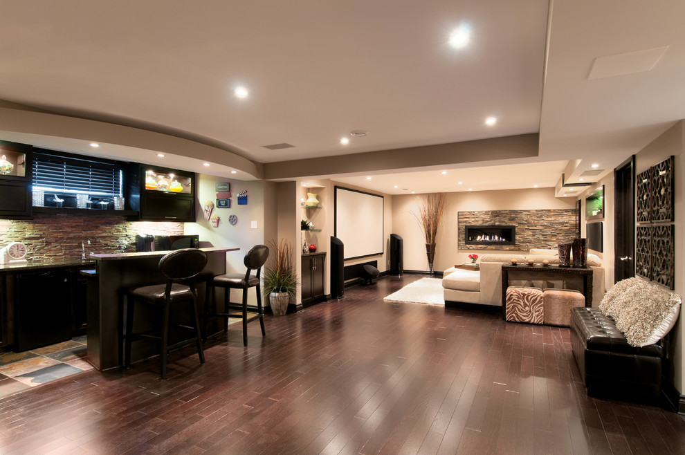 Design ideas for a contemporary basement in Ottawa with brown floor.