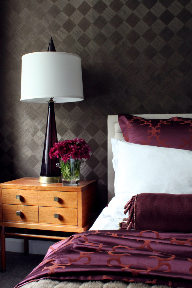 Photo of a transitional bedroom in Chicago with brown walls.