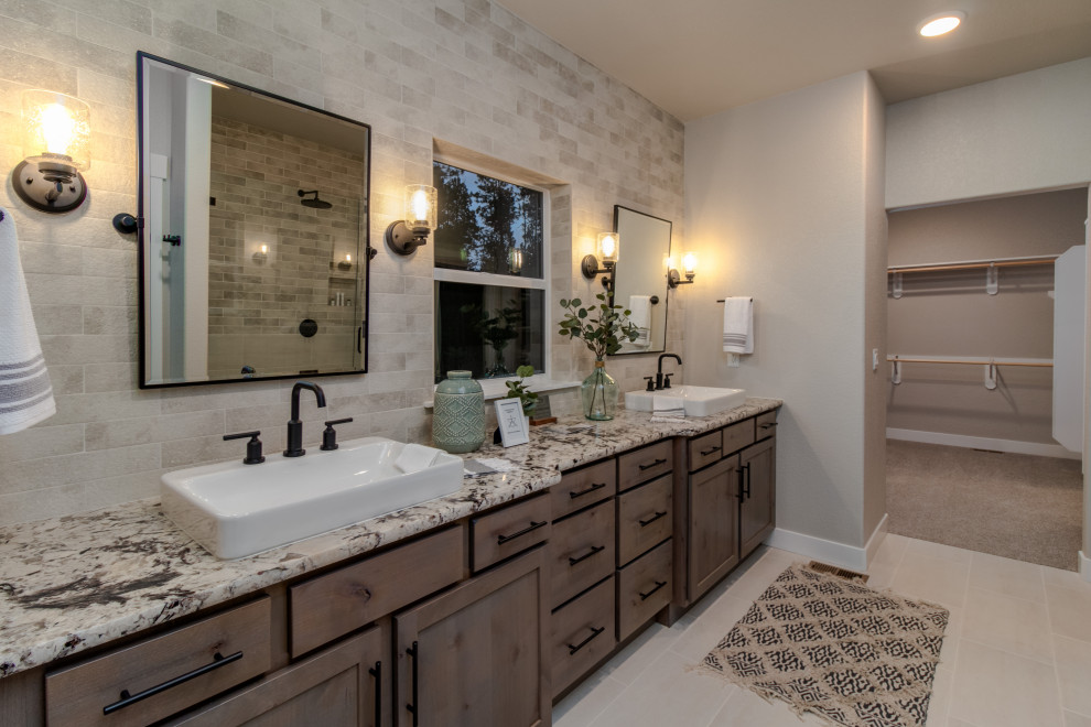 Design ideas for a master bathroom in Denver with shaker cabinets, a double vanity and a built-in vanity.