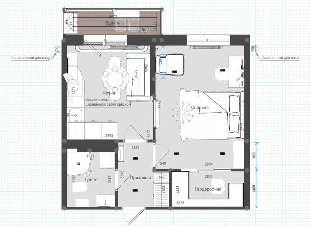 Яркая однокомнатная квартира с гардеробной и без (2 варианта планировки)