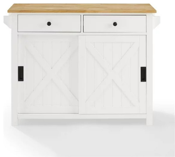 Modern Farmhouse Kitchen Island, X-Grooved Sliding Doors & Natural Top, White
