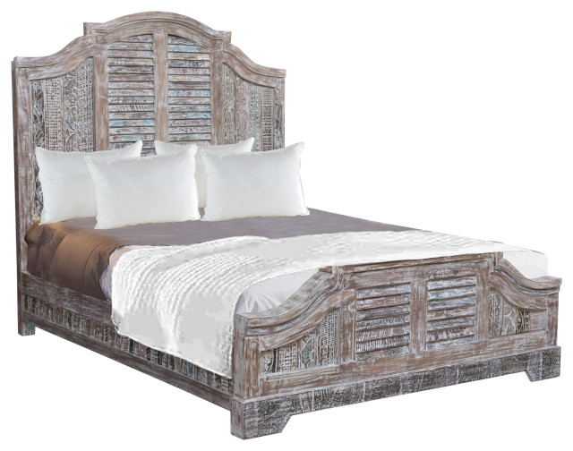 Terri 64" White Carved Shutter Headboard Queen Bed, Queen Farmhouse