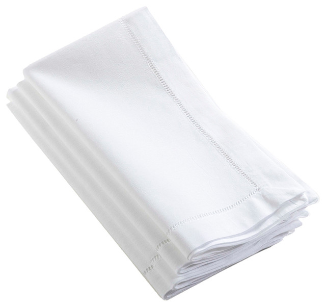 Handmade Basic Hemstitch Border Linen-Cotton Napkins White , 18"x18", Set of 4