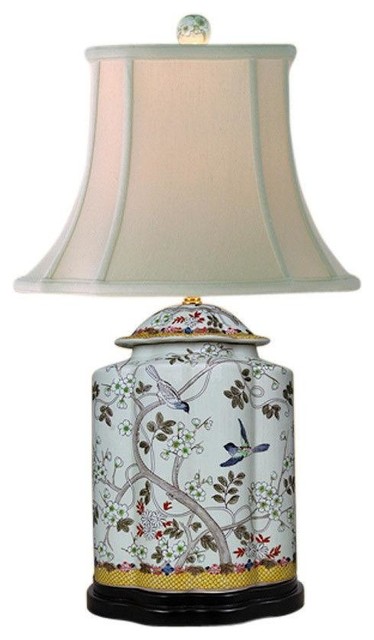Chinese Porcelain Scallop Ginger Jar Table Lamp, Bird Floral Motif, 29"