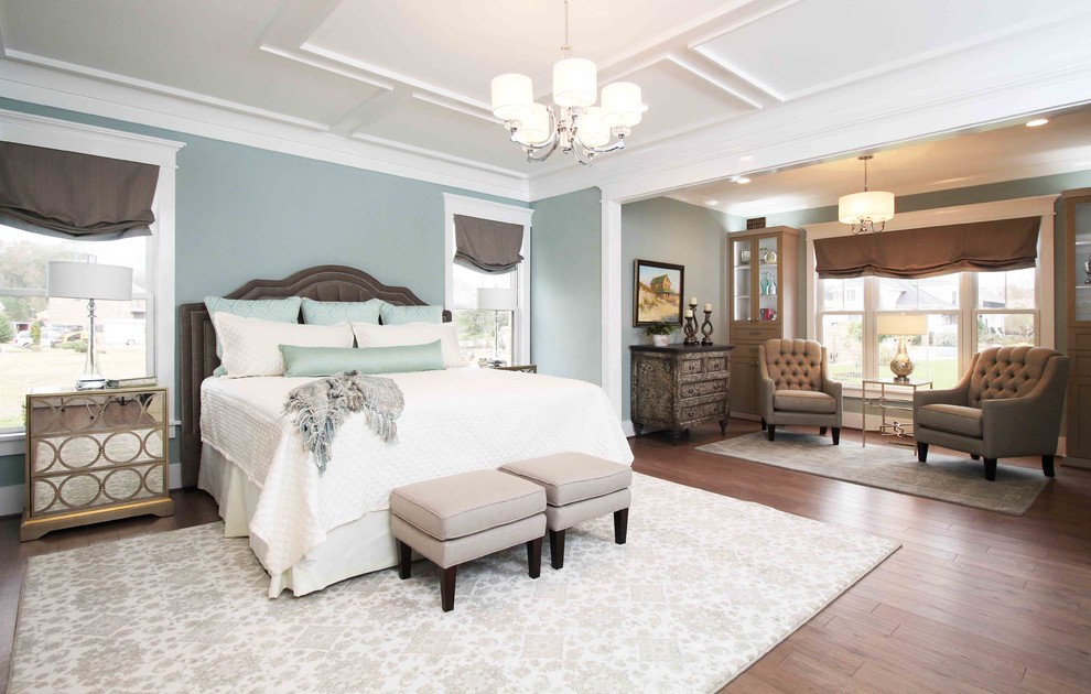 Design ideas for a large transitional master bedroom in Other with grey walls, medium hardwood floors, no fireplace and brown floor.