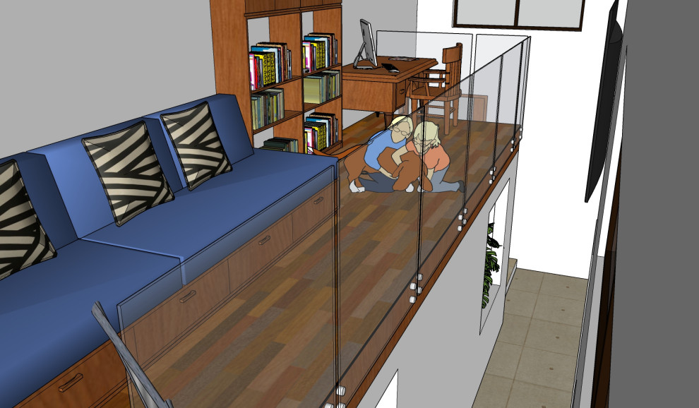 Modelo de dormitorio infantil de 4 a 10 años actual pequeño con paredes blancas, suelo de madera clara y suelo marrón