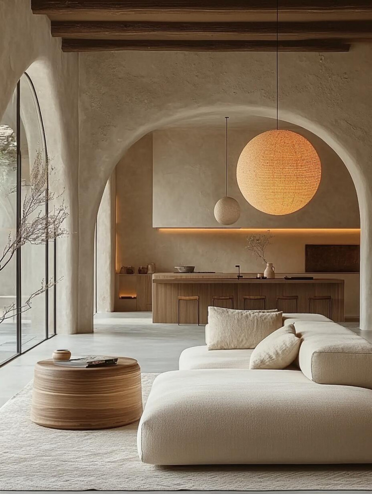 Example of a mid-sized urban loft-style ceramic tile and beige floor living room design in Los Angeles with a bar