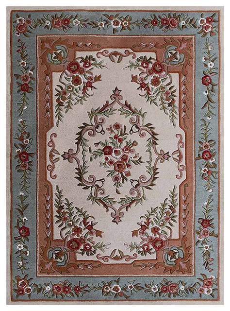 Hand Tufted Wool Area Rug Floral Beige Light Blue, [Rectangle] 5'x8 ...