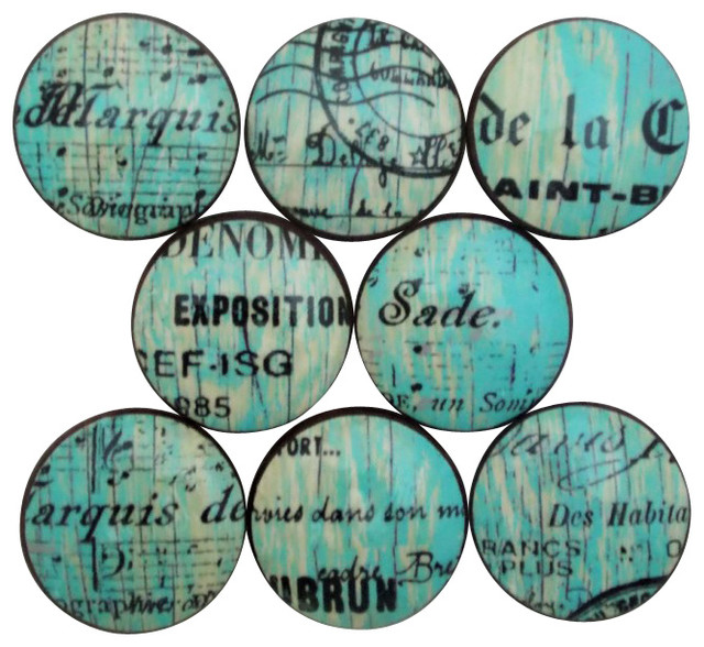 Distressed Turquoise Typography Cabinet Knobs 8 Piece Set