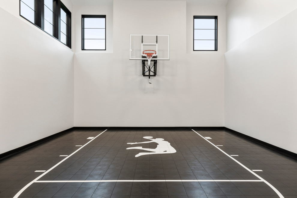 Photo of a large transitional indoor sport court in Minneapolis with white walls and multi-coloured floor.