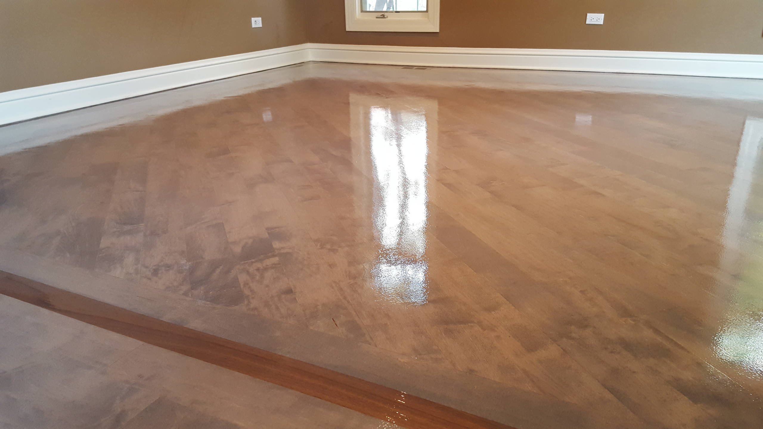 3 and 1/4 maple Classic Gray stain from Minwax , 4 coats satin water base finish