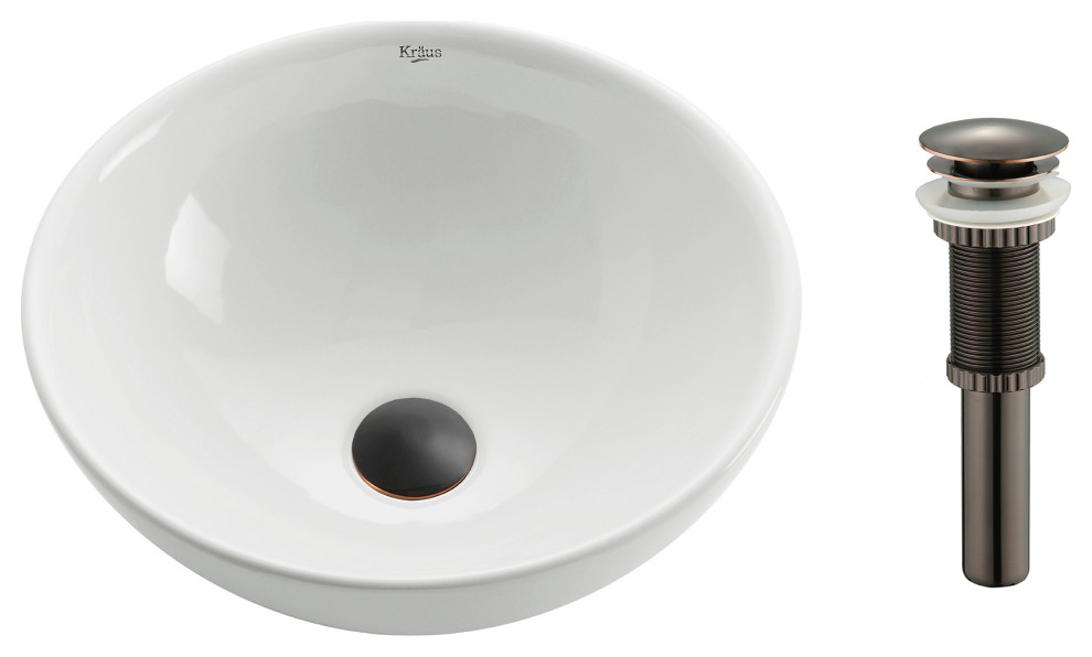 Elavo Ceramic Round Vessel White Sink, PU Drain Contemporary
