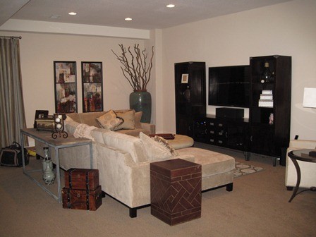 Example of a trendy home theater design in Denver
