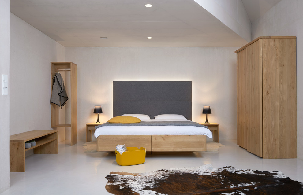 Design ideas for a mid-sized contemporary master bedroom in Nuremberg with no fireplace, grey floor, white walls and dark hardwood floors.