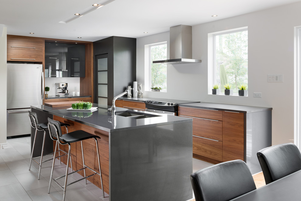 Inspiration for a contemporary l-shaped kitchen in Montreal with an undermount sink, flat-panel cabinets, dark wood cabinets, stainless steel appliances and with island.