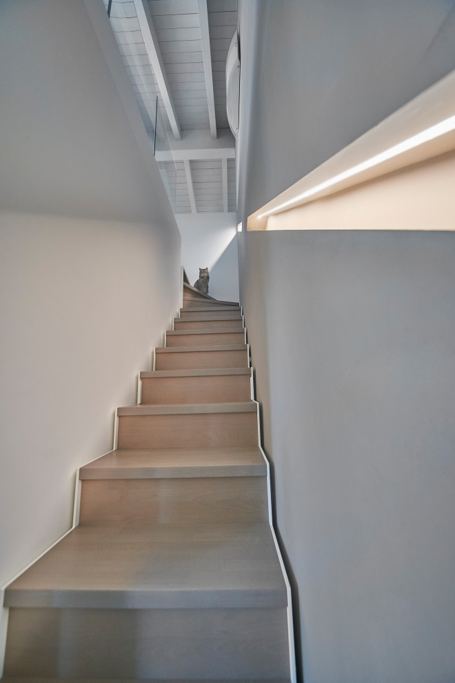 Aménagement d'un escalier peint droit moderne de taille moyenne avec des marches en bois peint et du lambris.