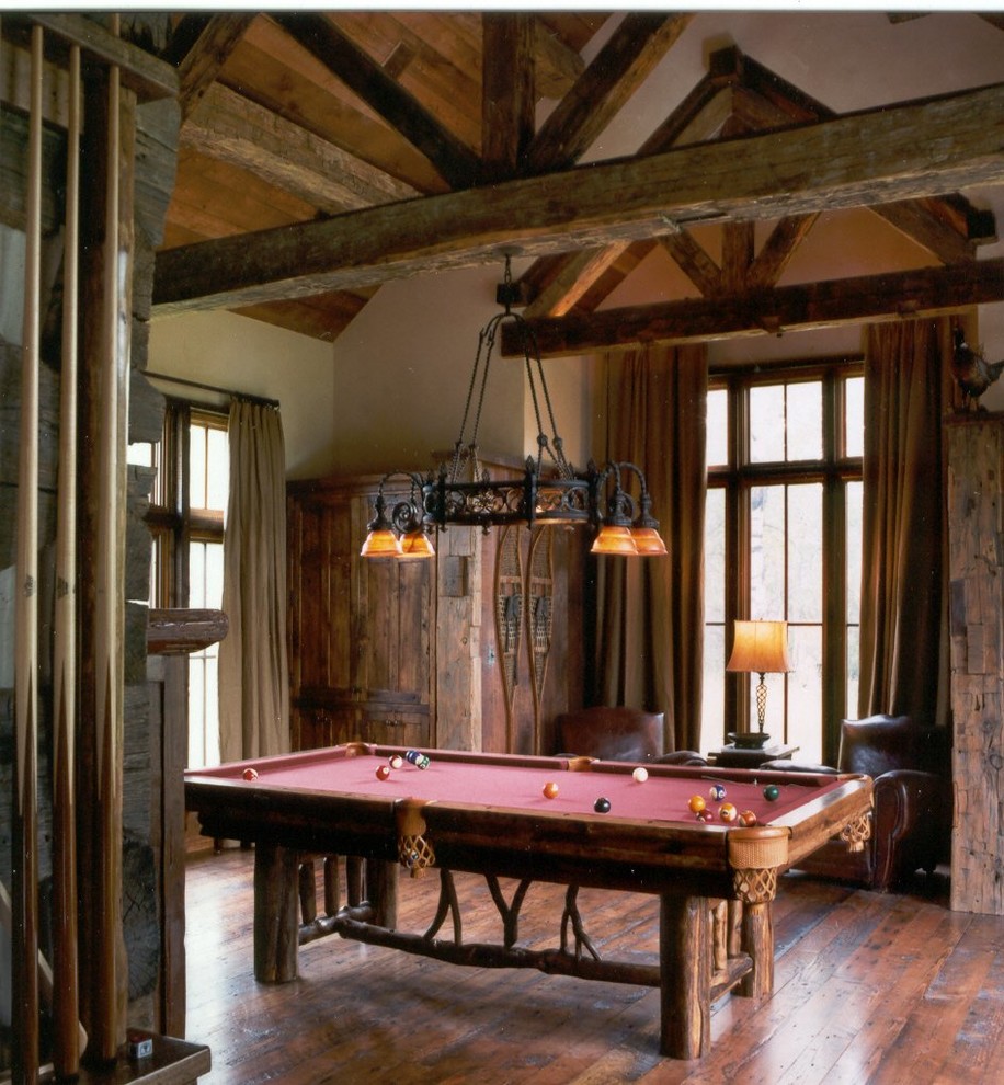 Design ideas for a mid-sized country open concept family room in Other with a game room and dark hardwood floors.