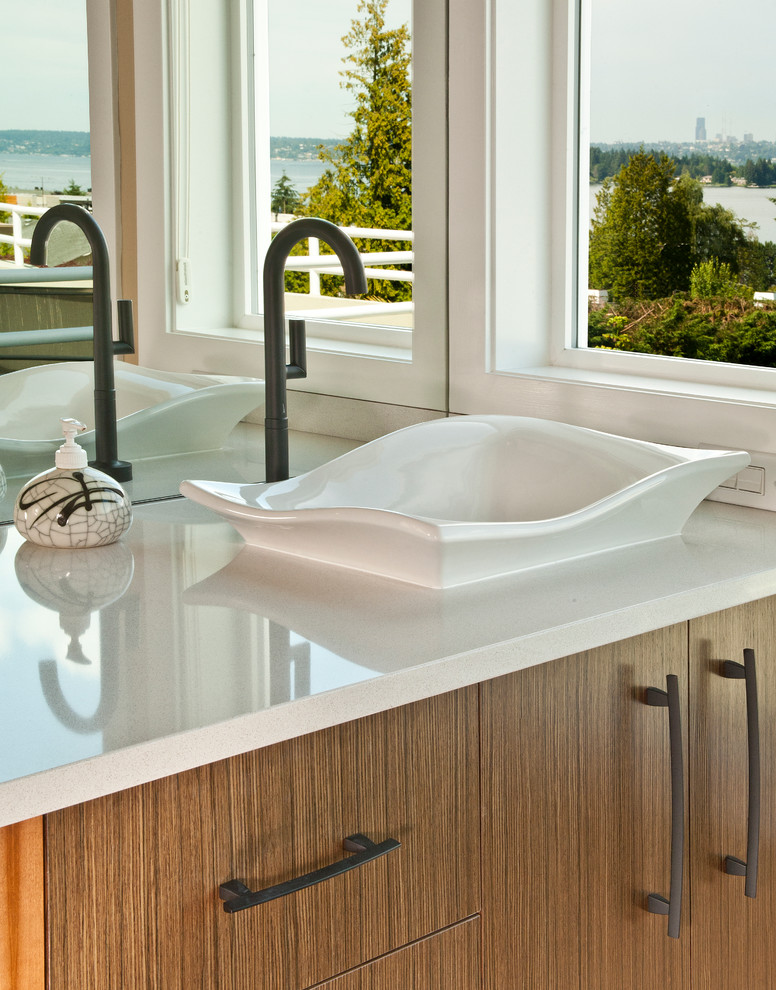 Inspiration for a large asian master bathroom in Seattle with a vessel sink, flat-panel cabinets, medium wood cabinets, engineered quartz benchtops, a double shower, a two-piece toilet, white tile, porcelain tile, beige walls and porcelain floors.