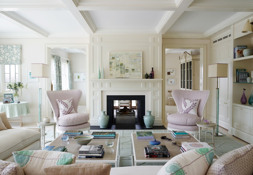 Photo of a beach style formal open concept living room in New York with white walls and a standard fireplace.
