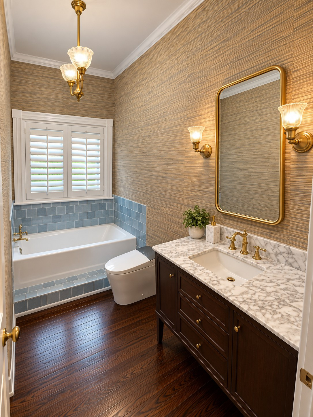 Elegant Transitional Guest Bathroom with Grasscloth Wallpaper