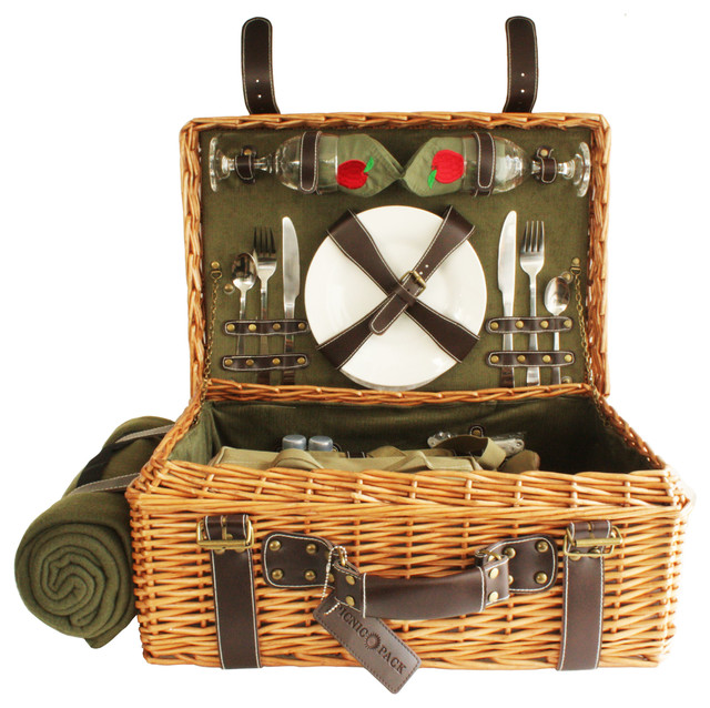 English Style Willow Picnic Basket for 2 Green corduroy Traditional