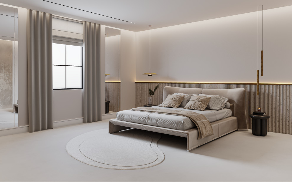 Immagine di una camera matrimoniale moderna con pareti bianche, pavimento in cemento, pavimento bianco e pannellatura
