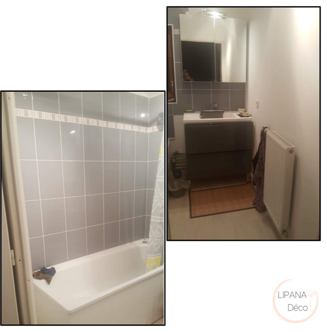 Small modern 3/4 bathroom in Lille with light wood cabinets, a drop-in tub, gray tile, cement tile, grey walls, dark hardwood floors, a drop-in sink, brown floor, a single vanity and a floating vanity.