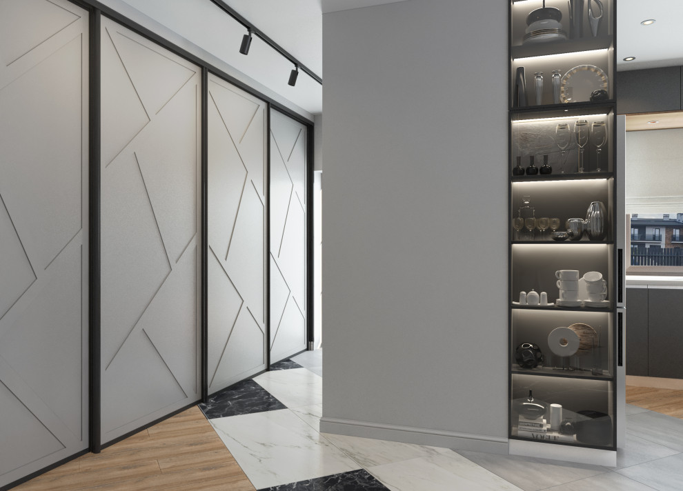 Idée de décoration pour une entrée design de taille moyenne avec un couloir, un sol en carrelage de porcelaine et une porte en verre.