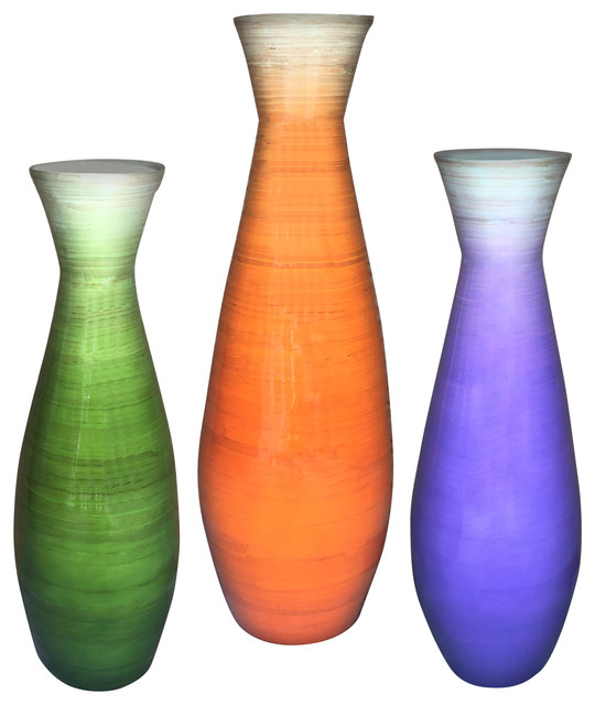 Tall Bamboo Floor Vases, in Orange, Purple, and Green, 3Piece Set